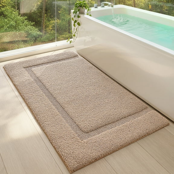 PABUBE Traditional Soft Khaki Microfiber Shag Bath Mat, 24"x43", Non-Slip and Absorbent Bathroom Rug for Bathroom Floor, Quick Dry, Machine Washable