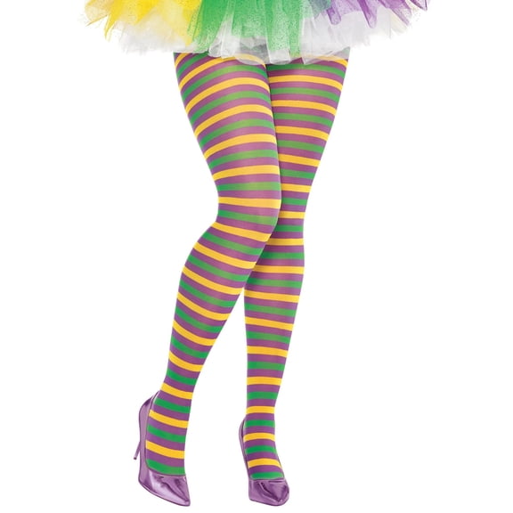 Mardi Gras Striped Tights Adult Woman Plus, Purple Green Yellow