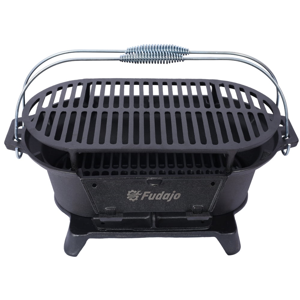 Portable Cast Iron Grill - Dual-Use Rectangle Hibachi & Tabletop Skillet, Enameled Outdoor Charcoal Grill for Camping/Tailgating