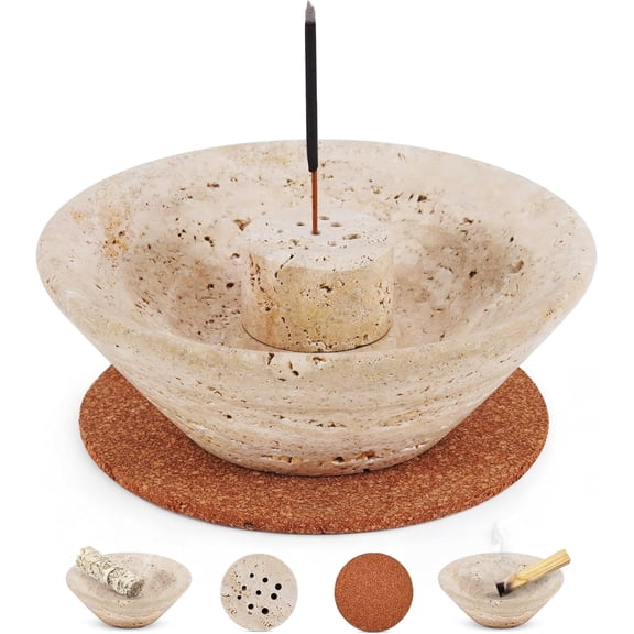 Radicaln Travertine Marble Incense Holder 5.5" Handmade Round Natural Stone Incense Burner, Ash Catcher for Incense Sticks, Sage, Palo Santo & Meditation Home Décor