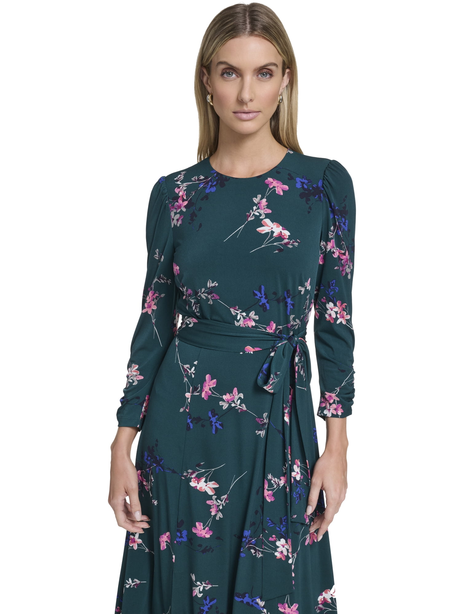 Falling Flowers Women's 3/4 Sleeve Belted Midi Dress, Sizes XS-XL