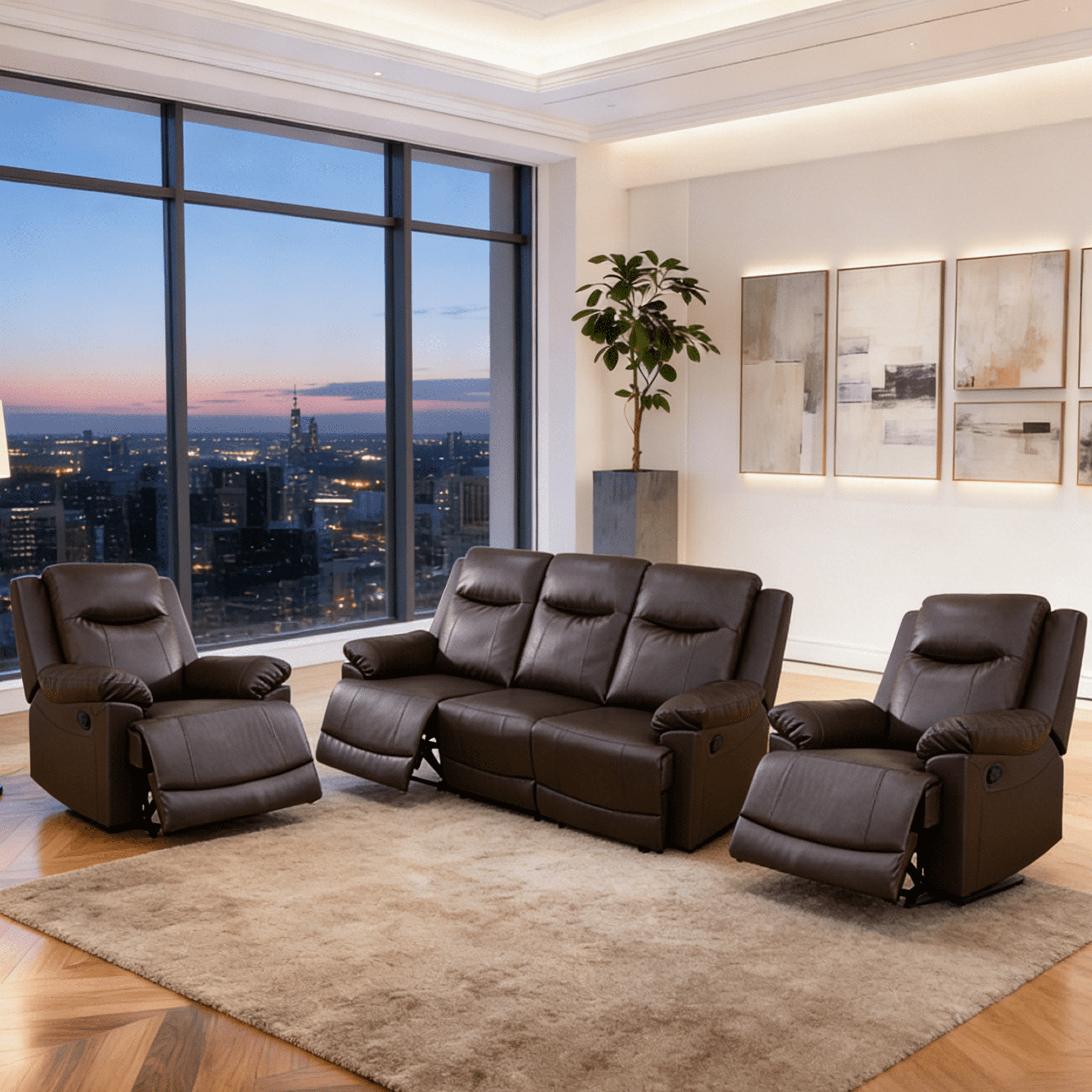 Gewnee 3-Seater Sofa with 2 Chaises, Console and Cup Holders, Air Leather, Adjustable Recline, Perfect for Living Room, Brown
