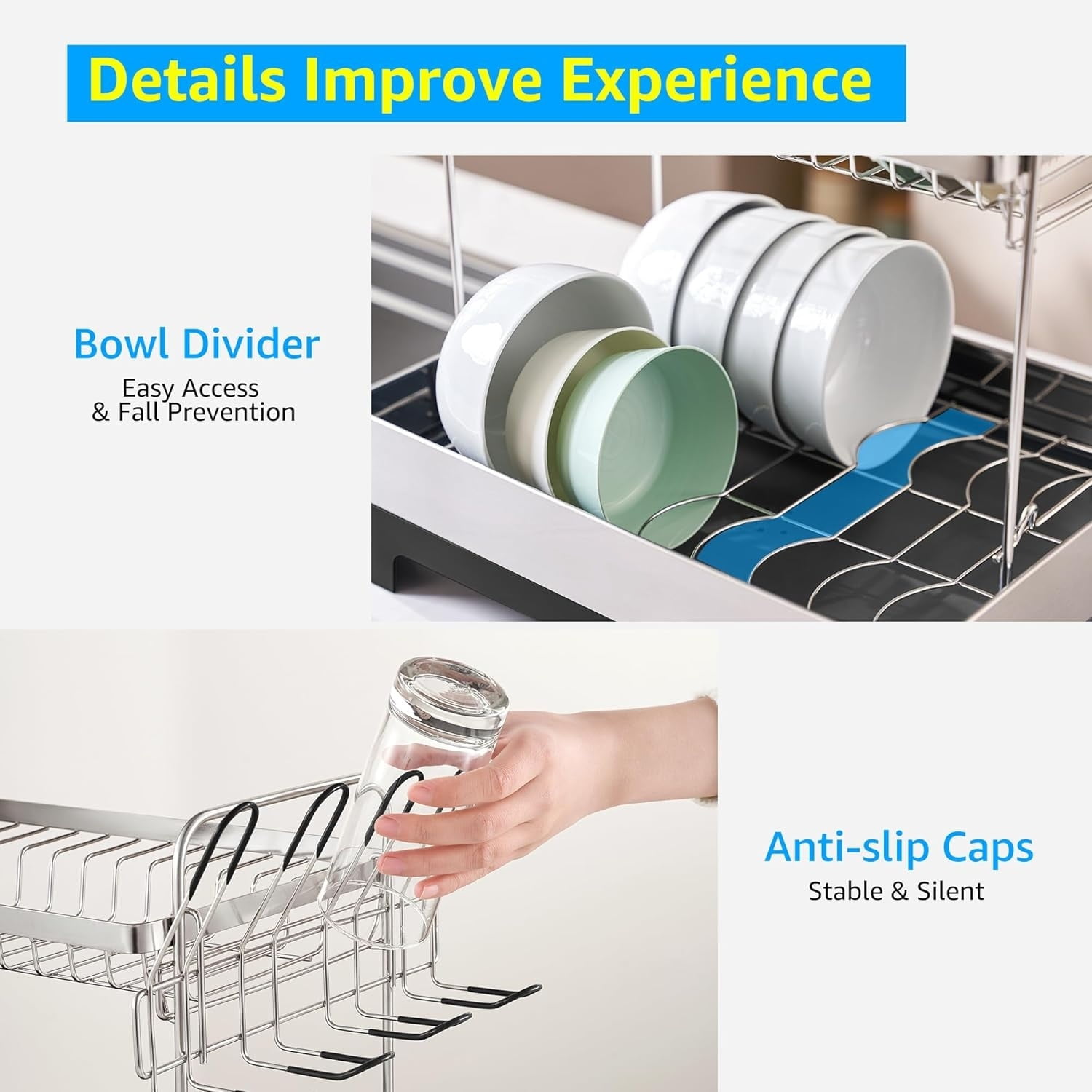 2 Tier Dish Drying Rack, Extra Large Dish Rack, Multifunctional Large Dish Drainers for Kitchen Counter, 304 Stainless Steel Kitchen Drying Rack, Bowl Drying Rack, Extendable Drain Spout, Black