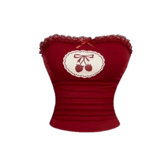 Vintage Cherry Lace Tube Top for Women – Strapless Slim Fit Retro Bustier Crop Cami