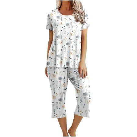 

YYDGH Women s Sleepwear Capri Pajama Sets Short Sleeve Two-Piece Pjs Crew Neck Lounge Sets Tops & Capri Pants with Pockets White-2 XXL