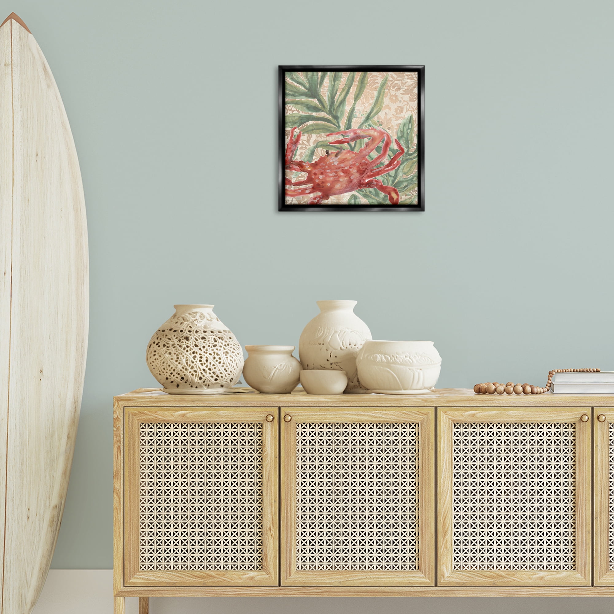 Stupell Industries Crab on Floral Pattern Animals & Insects Painting Black Floater Framed Canvas Art Print Wall Art, 18 x 18