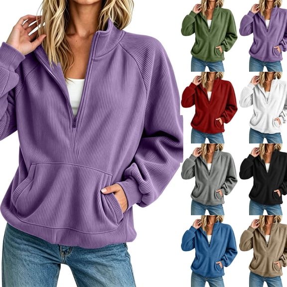 Admvng Women's Sweatshirt Half Zip Ribbed Knit Stand Collar Long Sleeve Pocket Casual Lightweight Pullover Top