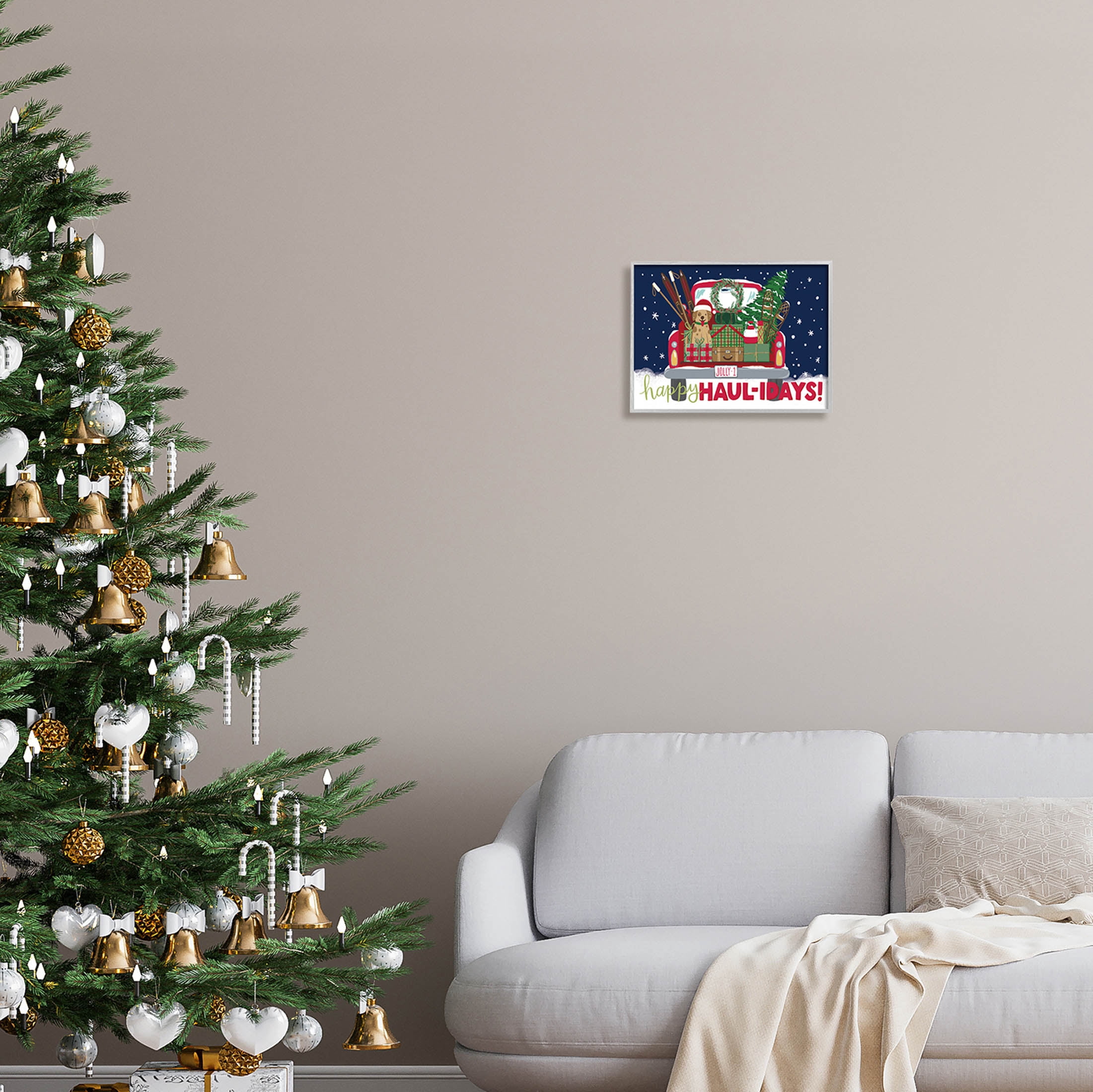 Stupell Industries Happy Haul-idays Christmas Gift Truck Graphic Art Gray Framed Art Print Wall Art, Design by Amanda McGee