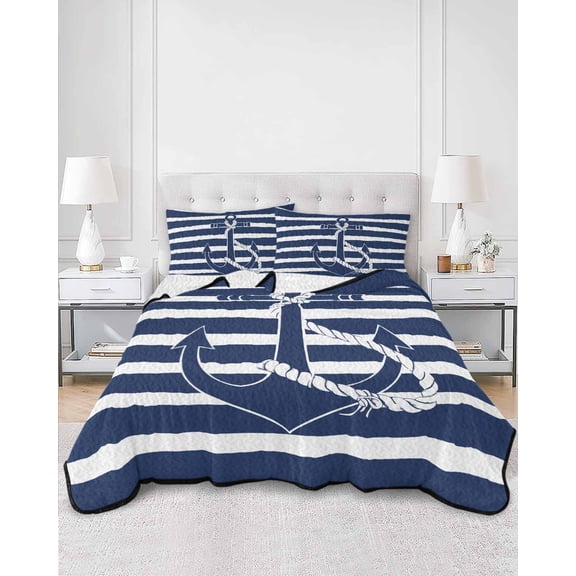 Quilts Queen Size, Navy Blue Anchor Nautical Soft Comforter Bedding Set for Bed, Navy Blue Striped Farmhouse Lightweight Quilted Bedspread with Pillow Cover(2 Pieces) for All Season, 90x96 Inch