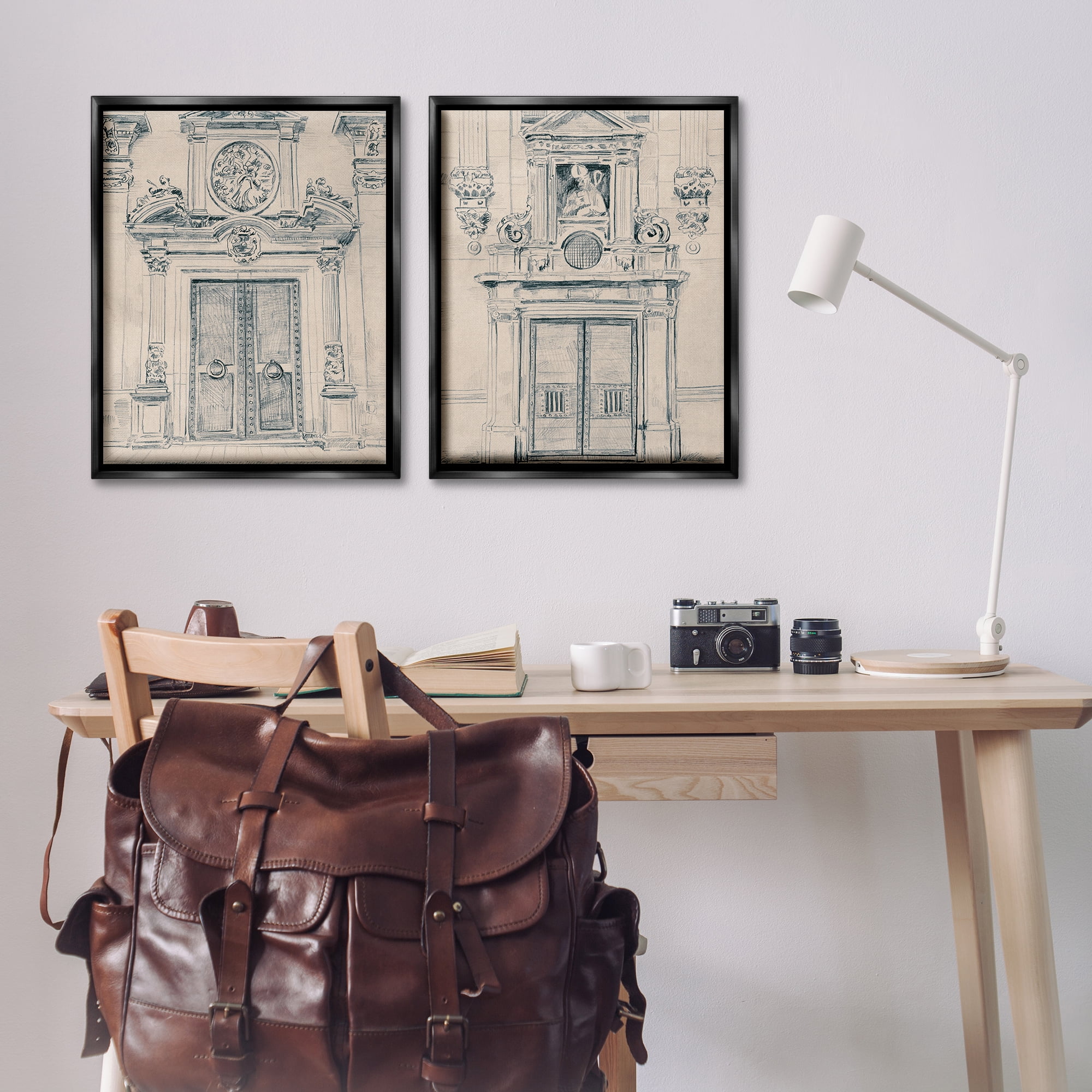 Stupell Industries Pencil Sketch Ornate Door Buildings & Architecture Drawing Black Floater Framed Canvas Art Print Wall Art, 31 x 25, Set of 2