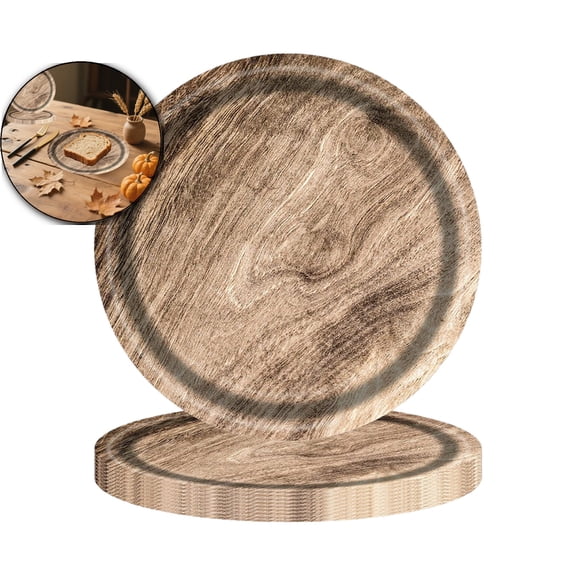 VQPeo 10 Count Wood Grain Paper Plates Rustic Wood Slice Disposable Party Farmhouse Dessert Plates Decoration for Lumberjack Birthday Party Supplies