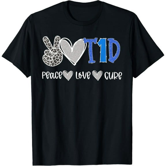 Peace Love Cure Type One Diabetes Awareness T1D T-ShirtMen and women, Black T-shirt, size: Extra large S-4XL