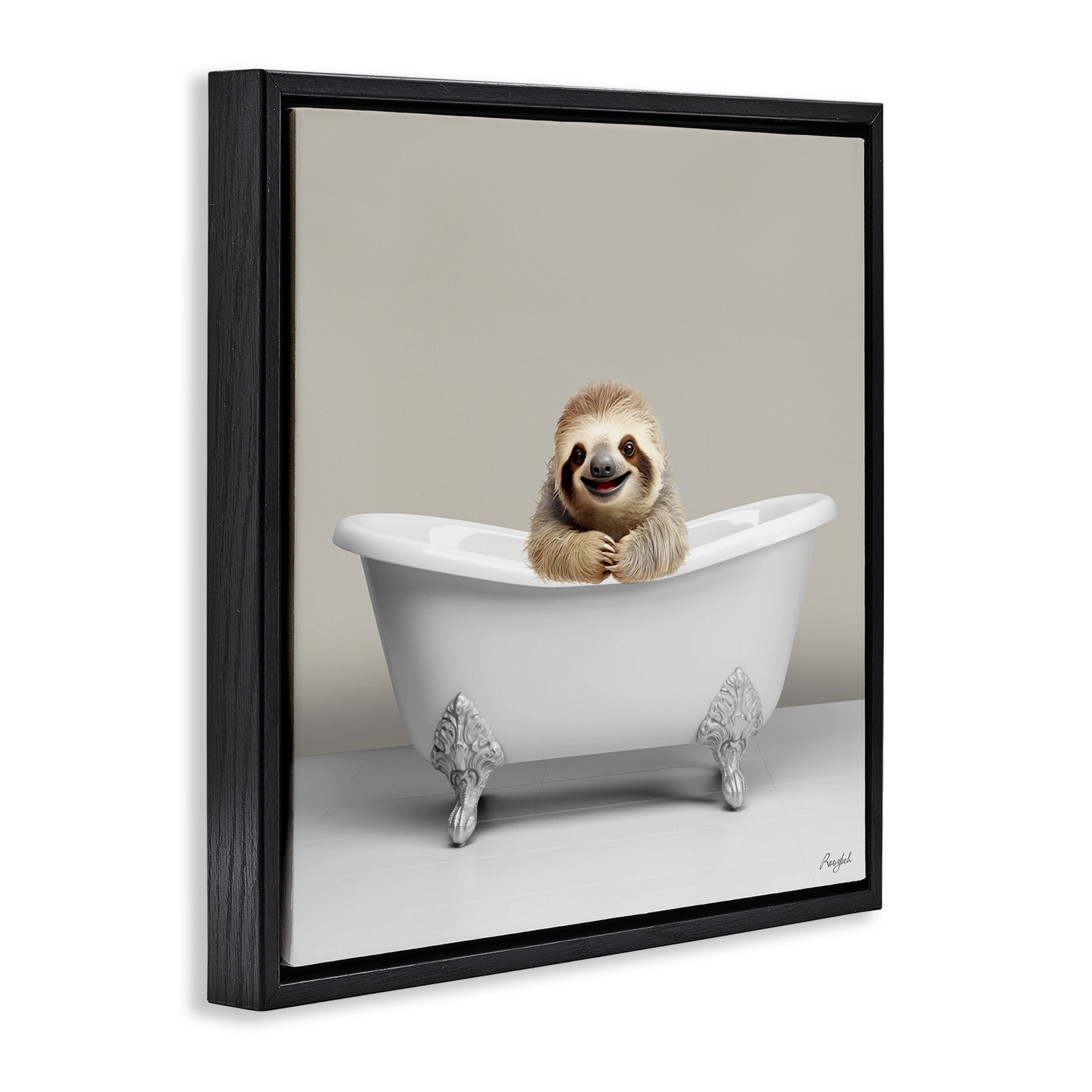 Stupell Industries Happy Sloth in Bathtub Animals & Insects Painting Black Floater Framed Canvas Art Print Wall Art, 25 x 25
