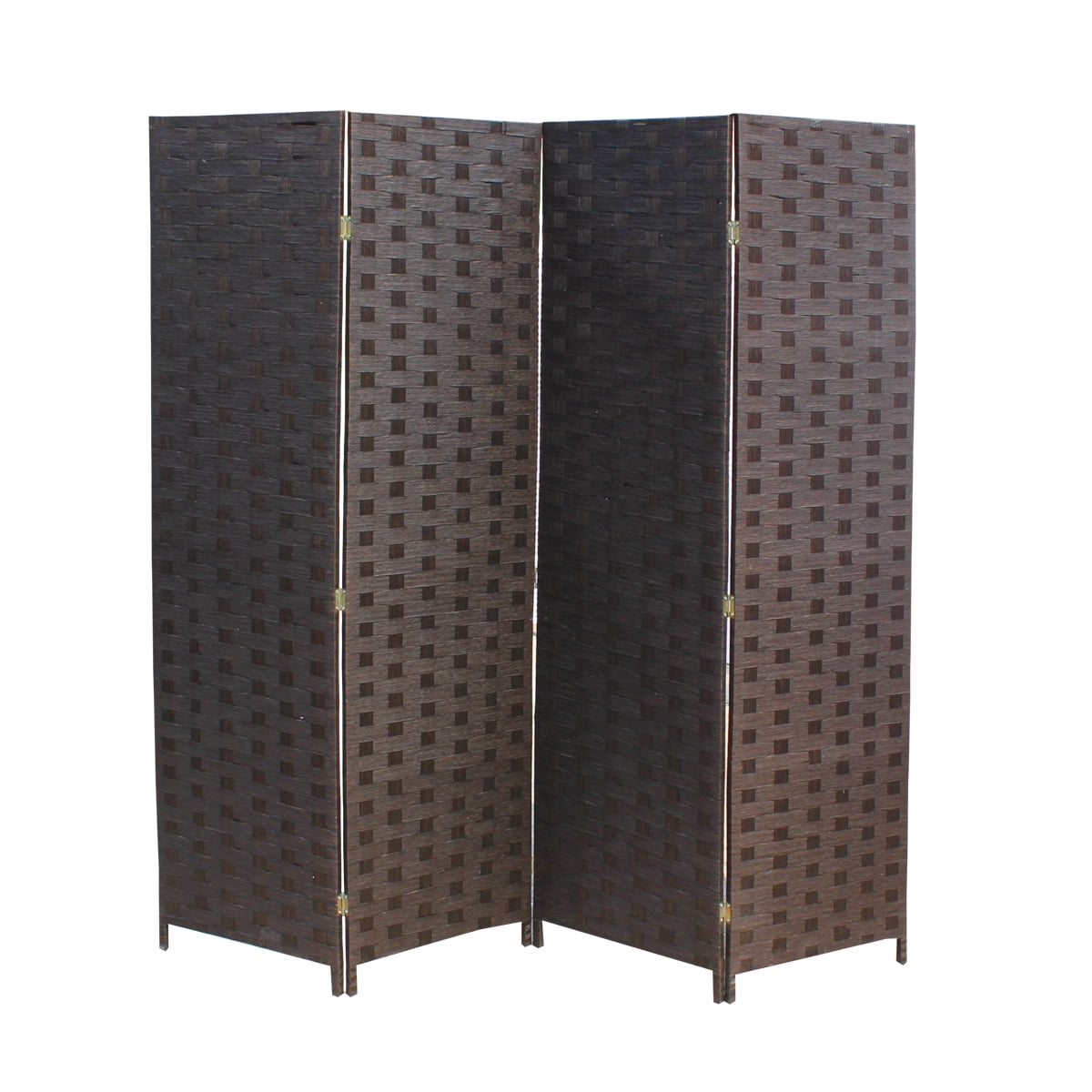 FDW Wood Mesh Woven Design 4 Panel Folding Screen Room Divider, Dark