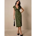 thumbnail image 2 of Army Green Ditsy Floral V-Neck Midi Dress With Short Sleeves And Black Trim Detail, 2 of 7