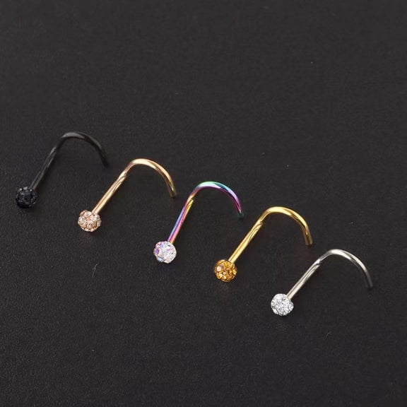 304 Stainless Steel Rhinestone Round Ball Fishtail Nose Rings Golden 7mm Pin: 0.8mm Head: 3mm