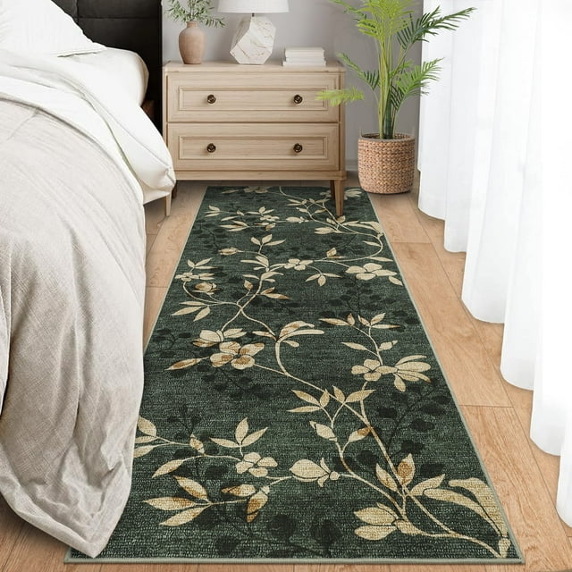 Garvee 2'x6' Modern Runner Rug Washable Floral Accent Carpet with Non-Slip Backing, Stain-Resistant Soft Rugs Low Pile Floor Mats, Botanical Print Rug for for Entryway, Hallway, Kitchen, Green