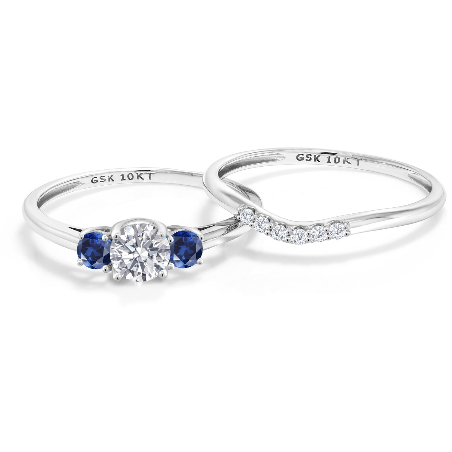 Gem Stone King 10K White Gold Lab Grown Diamond and Blue Created Sapphire Bridal-Sets Ring for Women | 0.84 Cttw | Round 5MM | Wedding Engagement Anniversary Promise Ring for Women | Size 8