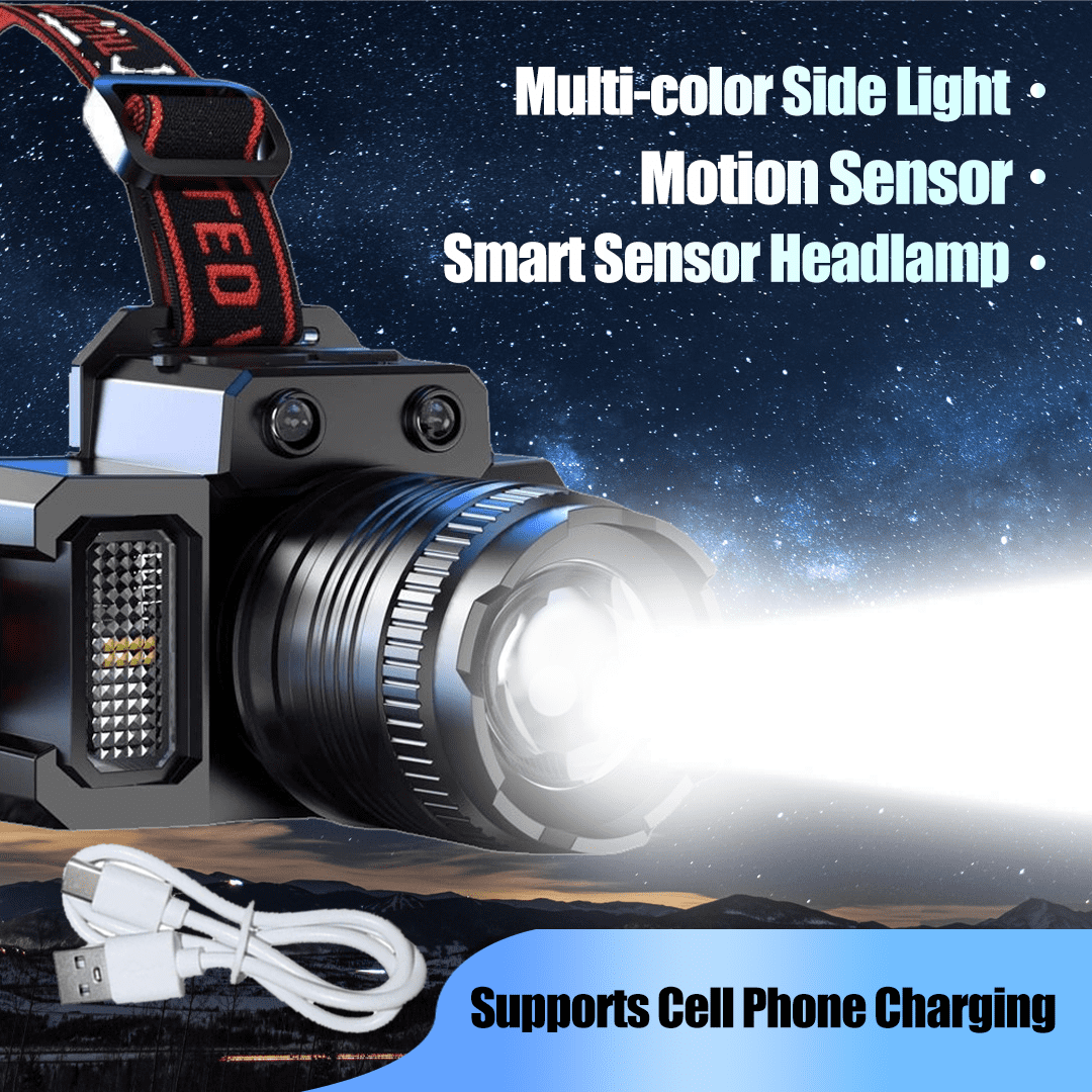 2-Pack Motion Sensor Headlamps, USB Rechargeable LED Headlight with Zoomable Beam, COB Side Light & Power Bank Function, 5 Modes Waterproof Head Torch for Camping, Hiking, Running