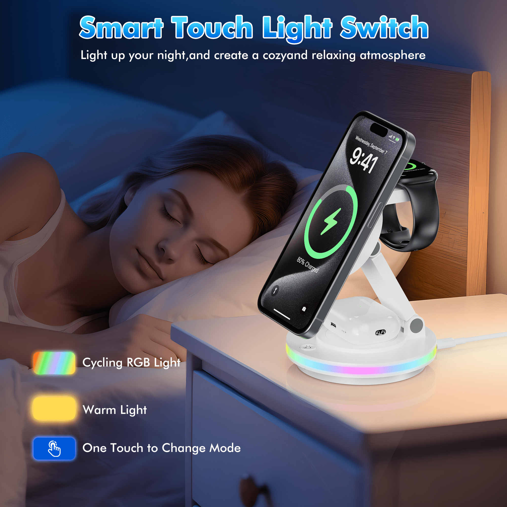 OWNTECH 20W 3-in-1 Wireless Charging Station Compatible with iPhone 16/15/14/Pro/Max, Apple Watch, AirPods Pro/4/3/2 - Fast Charger Pad with Night Light & Adapter Included (White)