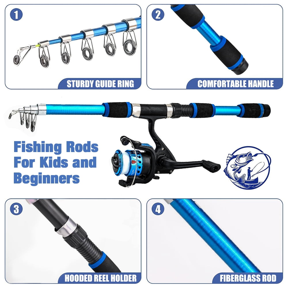 Jercoda Fishing Rod Kit with Tackles, Telescopic Fishing Pole and Reel Cambo Set,  Fishing Set with Spinning Reel, Portable Fishing Accessories with Storage Bag for Beginners Youth, Blue