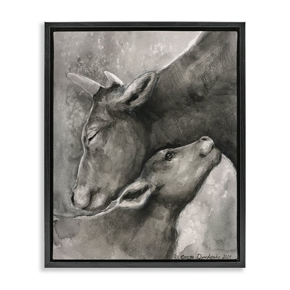 Stupell Industries Mother Cow & Calf Animals Drawing Black Floater Framed Canvas Art Print Wall Art, 17 x 21