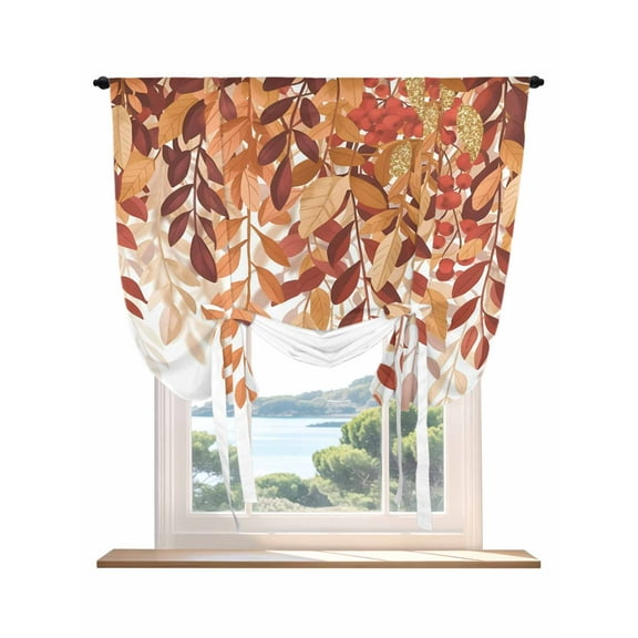 Burnt Orange Eucalyptus Leaves Tie Up Curtains for Windows 63 Inch Length Balloon Curtains Kitchen Adjustable Balloon Window Shade Fall Botanical Leaf Tie Up Valance Bathroom Curtain Window 42"x63"