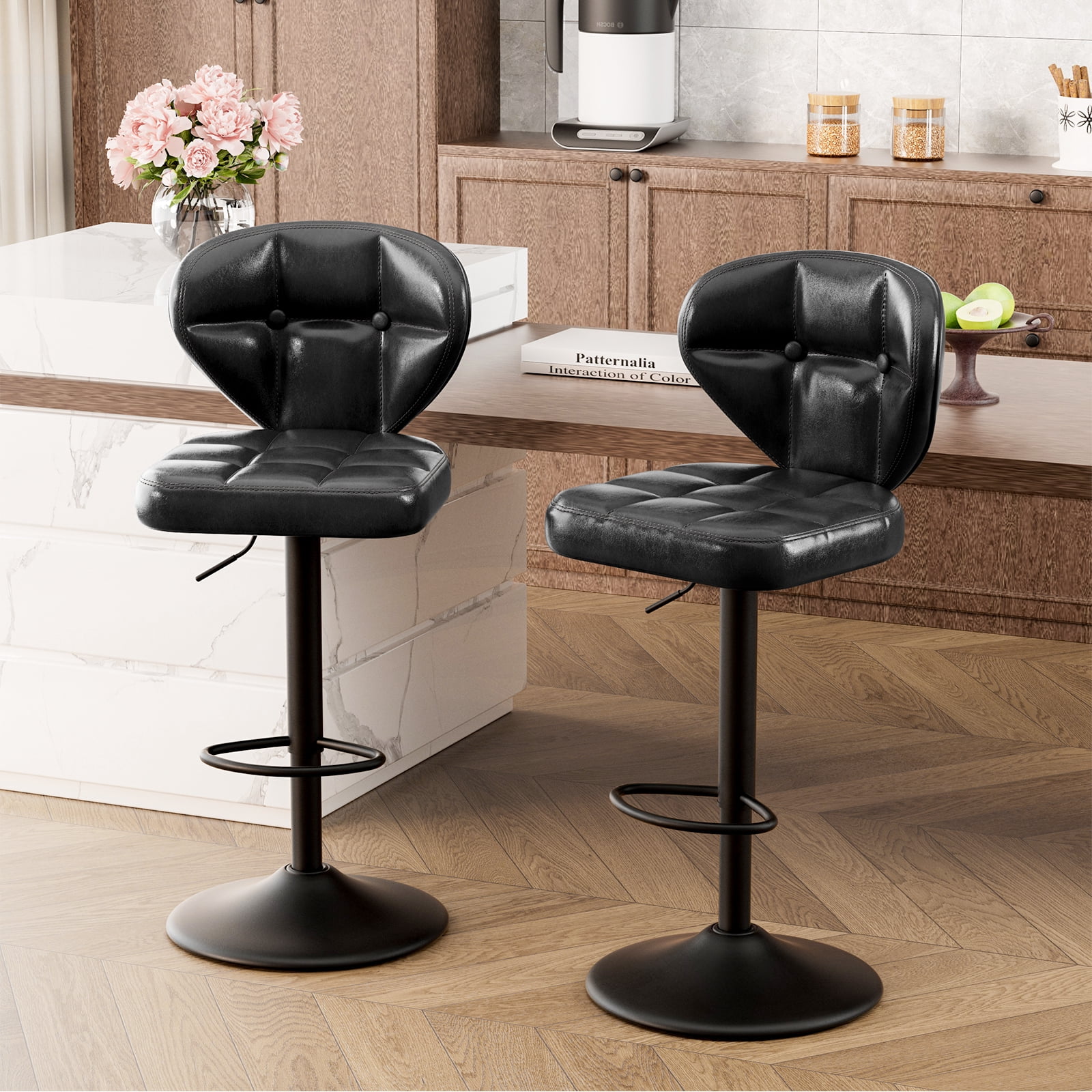 Hawsaiy Vintage Style Leather Bar Stool Set of 4 with Button-Tufted Design,Black