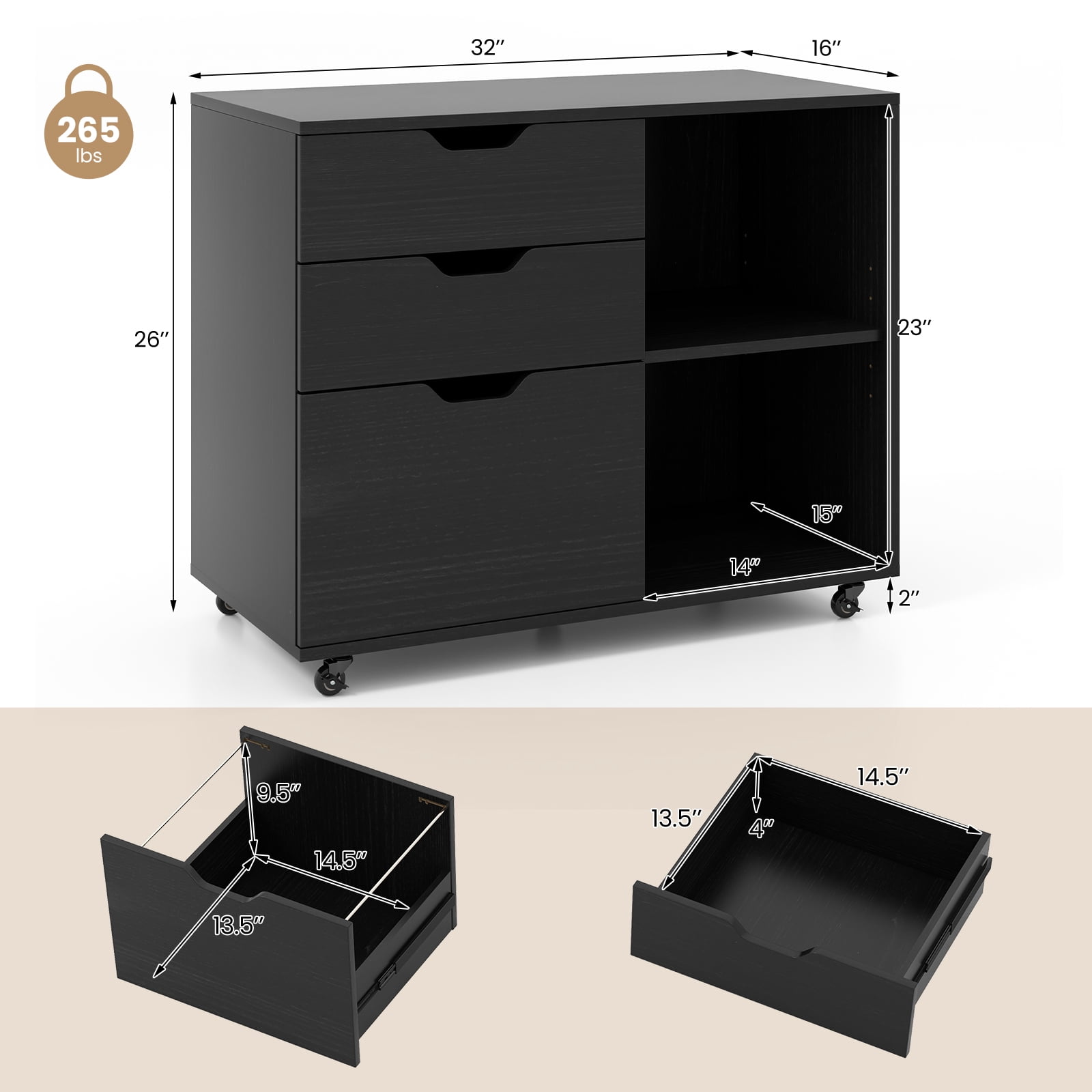 Giantex Rolling File Cabinet, Lateral Filing Cabinet w/Open Storage Shelves, Under Desk Storage Organizer, Mobile Printer Stand, Black