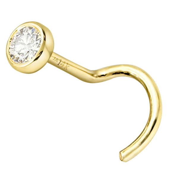 22G 14K Yellow Gold Bezel Set Diamond Nose Screw Nose Stud - April Birthstone Screw-end Nose Ring Stud - NSYG_BZWD25