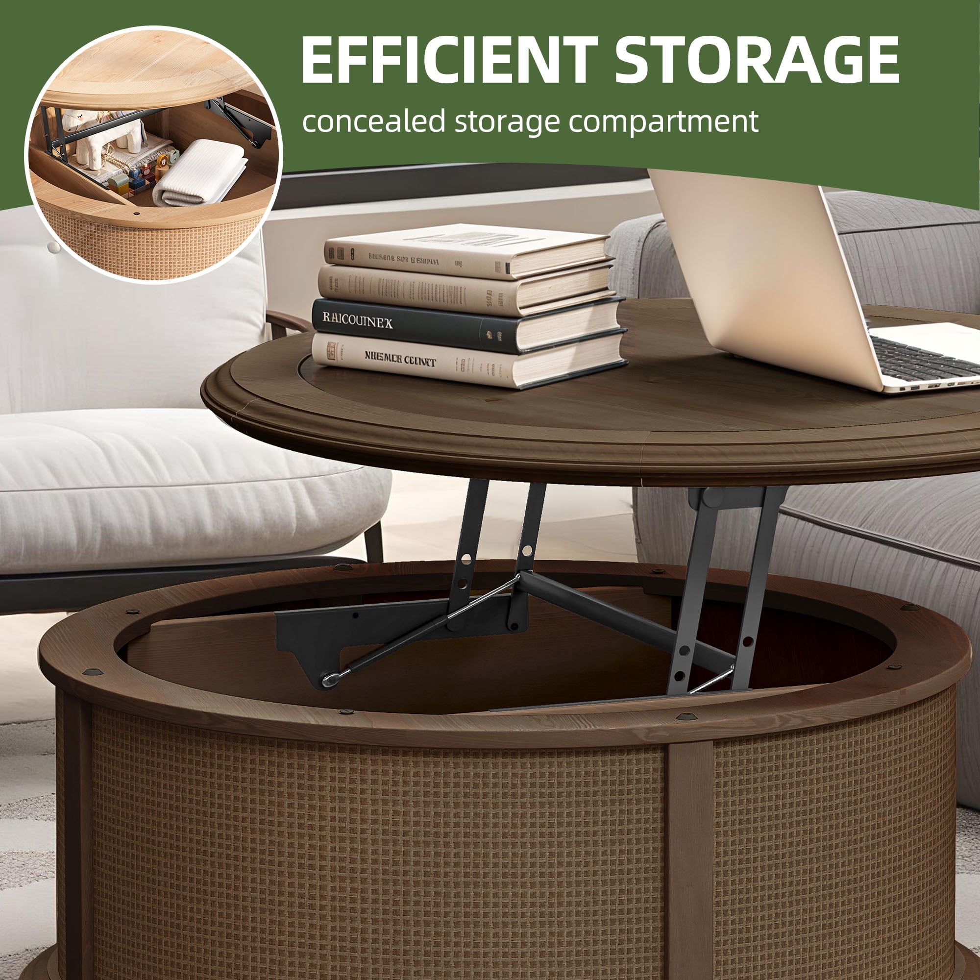 Uforic Multifunctional Round Rattan Lift-Top Coffee Table – Brown Wood Finish with Hidden Storage
