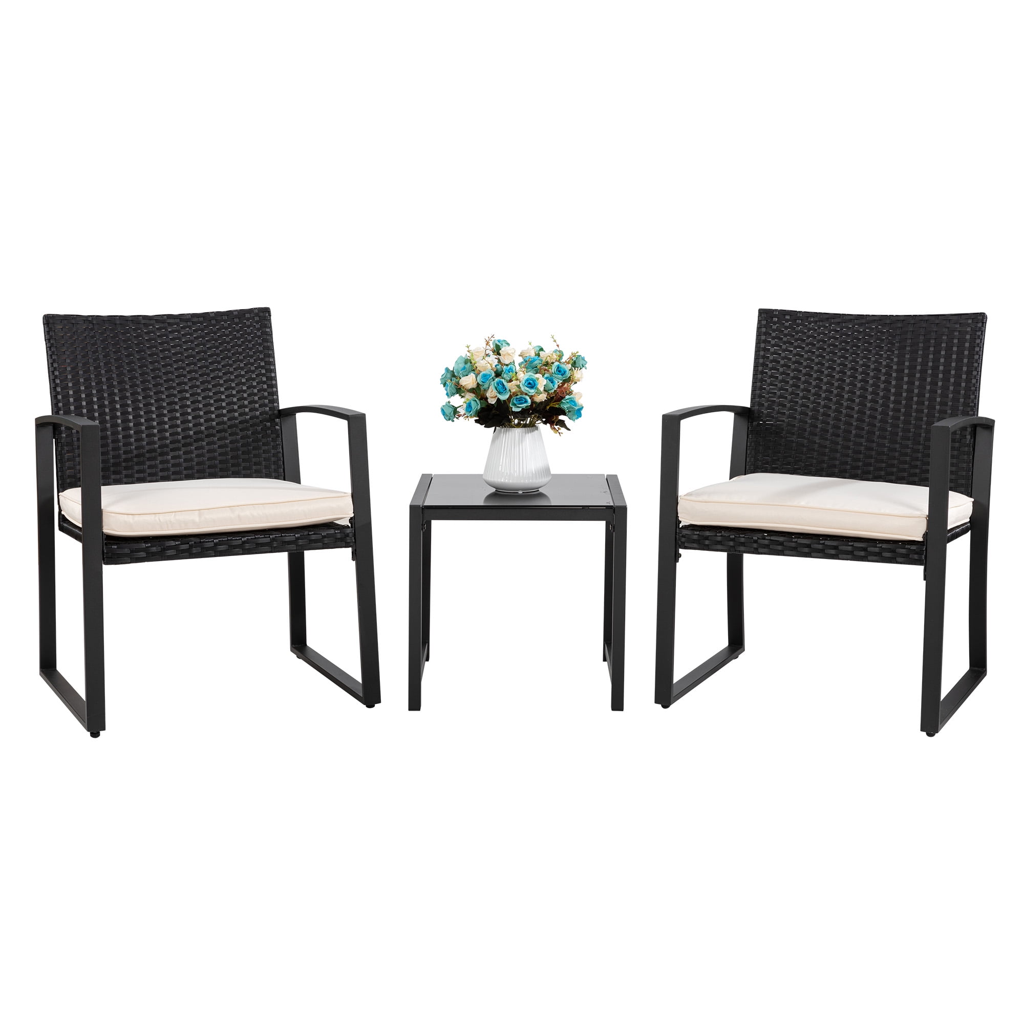 3 Piece Patio Bistro Sets, Outdoor Rattan Chairs & Black Wicker