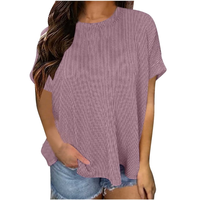 Besolor Women's Short Sleeve Shirts Crewneck Ribbed Knit T Shirt Solid Color Basic Tee Tops Fashion Summer Outfits