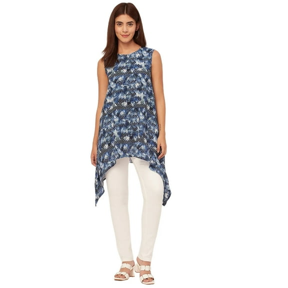 Moomaya Round Neck Sleeveless Printed Rayon Top - Women's Asymmetric Top