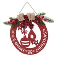 thumbnail image 2 of Signe de Porte de Noël en Bois Rond Évidé Lampe Boule Noël Porte d'Entrée Suspendue Signe Décor avec Couronne Lin Arc Rouge, 2 of 14