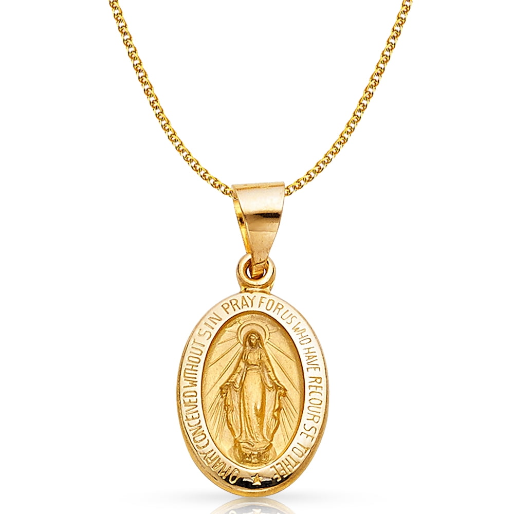 14K Yellow Gold Milagrosa Charm Pendant with 1.7mm Flat Open Wheat Chain Necklace