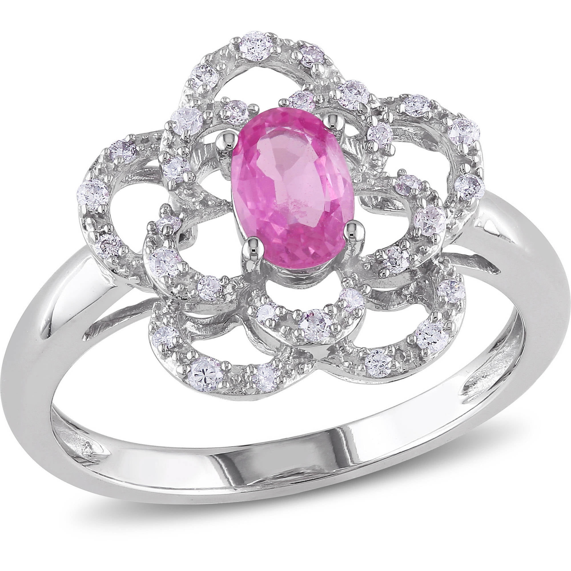 Tangelo 1 2 Carat T.G.W. Oval-Cut Pink Sapphire and 1 7 Carat T.W. Round-Cut Diamond 14kt White Gold Floral Ring by Tangelo