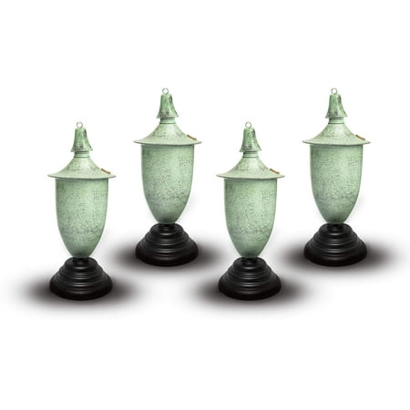 Legends Direct Set of 4, Premium Elegant Metal Tabletop Torches, Tall- Tiki Style /w Snuffer, Fiberglass Wick & Large 35oz Oil Lamp, Stylish Luau Flame Torches (Small Patina)