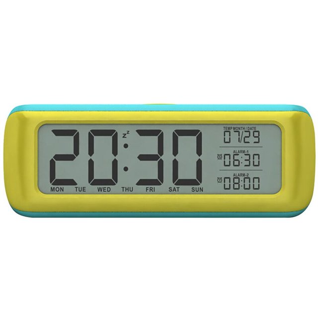 Despertador digital a pilas para dormitorio, despertador LCD de mesita de noche con función de repetición, despertador digital amarillo