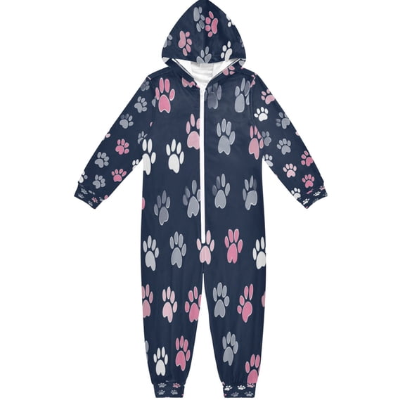 Soft Big Kids Onesie Pajamas Cozy Loose-Fit Jumpsuits for kids with Pockets for Christmas Lounge & Play Cute Cat Paw Pattern