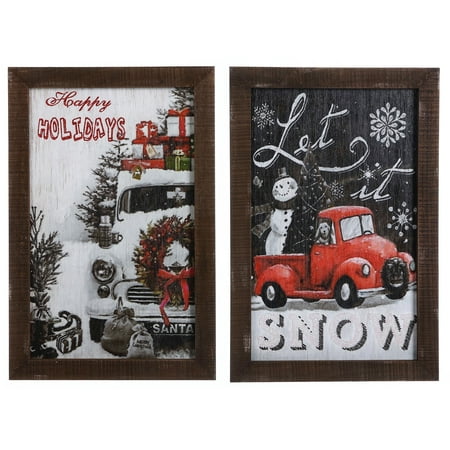 Vintage Style Pickup Truck Christmas Holiday Signs Framed