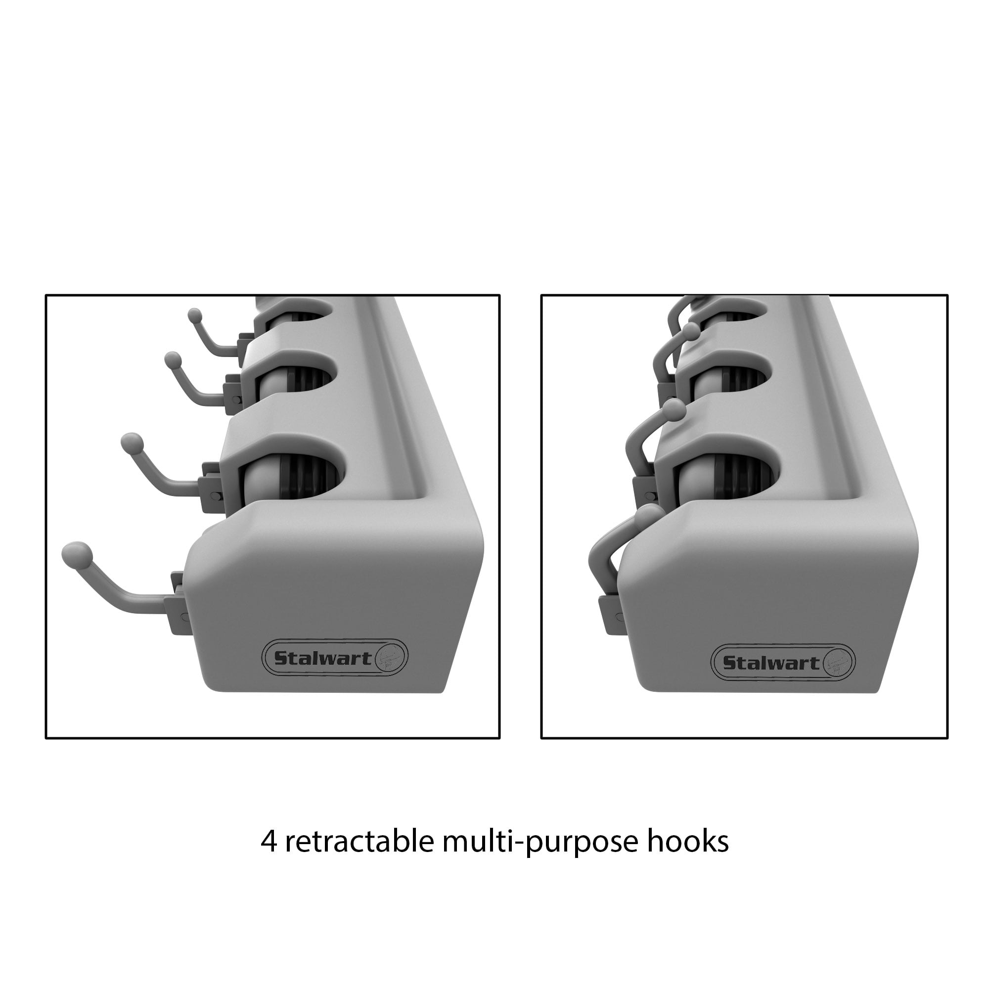 Stalwart 2-Pack Wall Storage Organizer - Garage Utility Rack with 3 Adjustable Slots and 4 Hooks - Ideal for Garden Tools, Mops, and Brooms - Gray