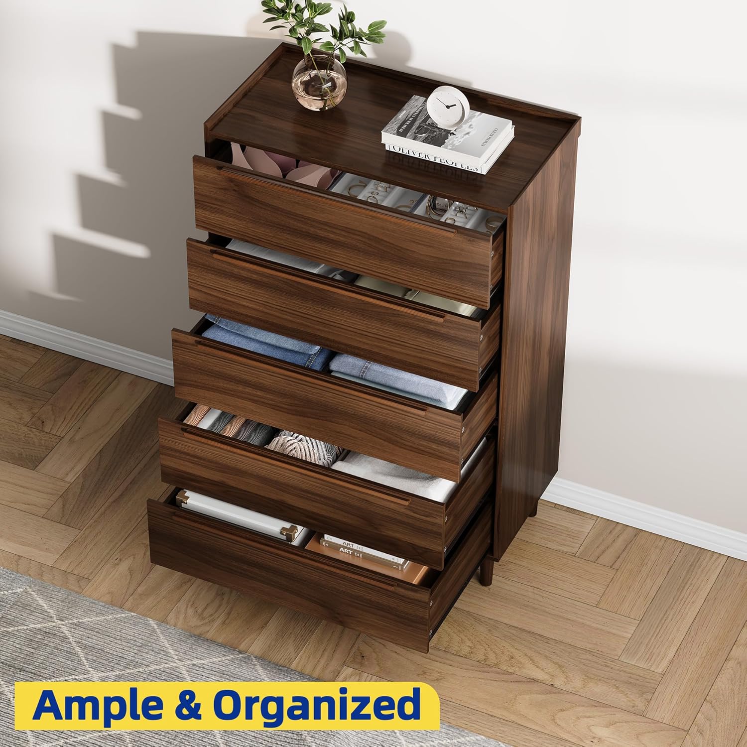 5-Drawer Dresser, 48" Tall Walnut Chest of Drawers for Bedroom, Mid Century Modern Storage Organizer for Closet, Hallway, or Small Apartment