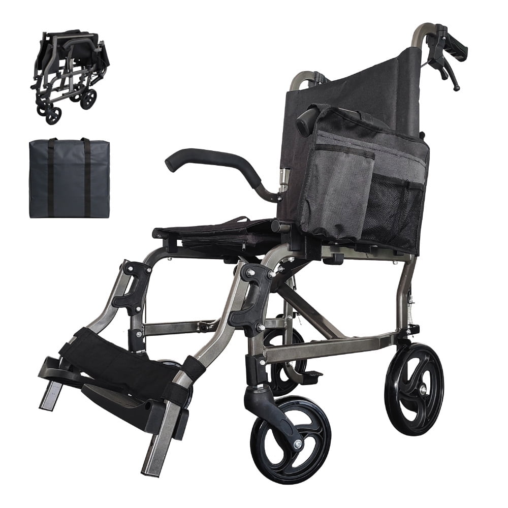 Folding Lightweight Aluminum Wheelchair, 18 LBS, 20" Wide, Dark Grey, Portable Travel Chair
