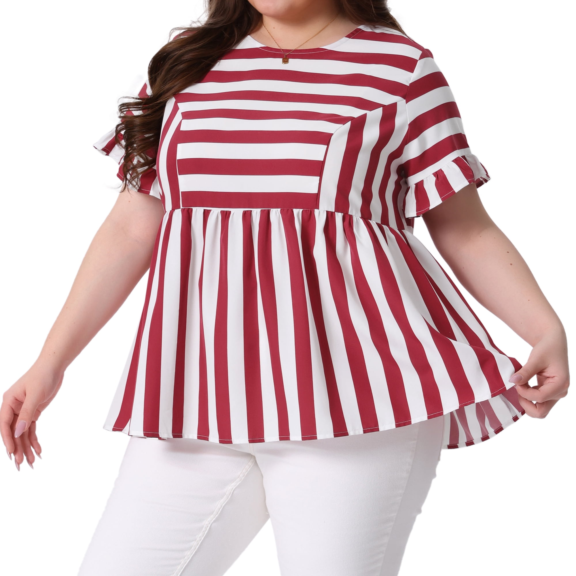 DARING DIVA Women's Plus Babydoll Ruffle Peplum Top 2X Red White