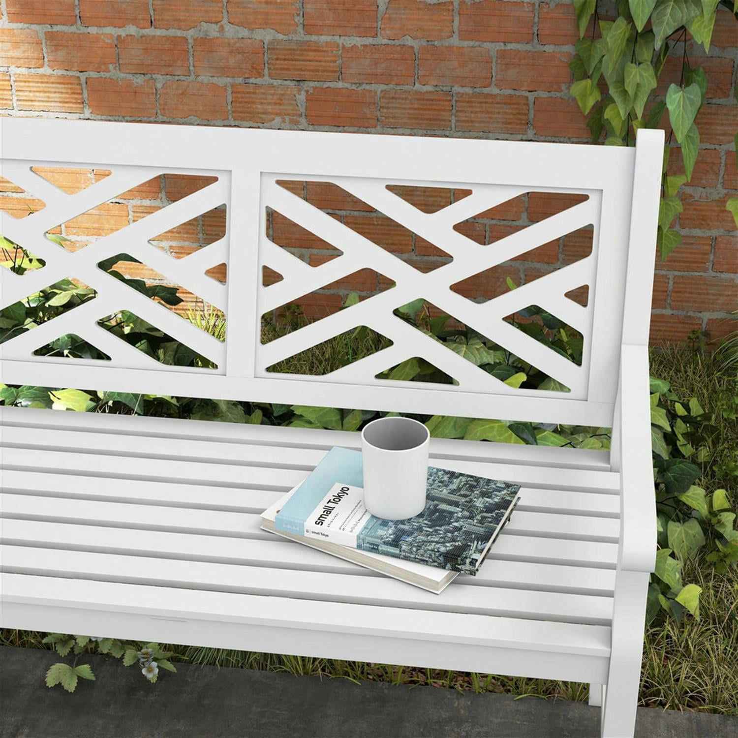 Demi Bonn 46" Large Outdoor Bench with Wooden Slatted Frame, Durable Garden Bench for Patio, Deck, White
