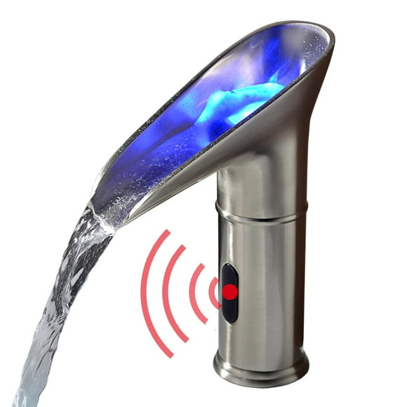 Gangang LED Waterfall Bathroom Touchless Faucet Brush Nickle Automatic Motion Sensor Lighted Colorful Water Tap Mixer with Control Box and Mixing Valve(LED Round Waterfall)