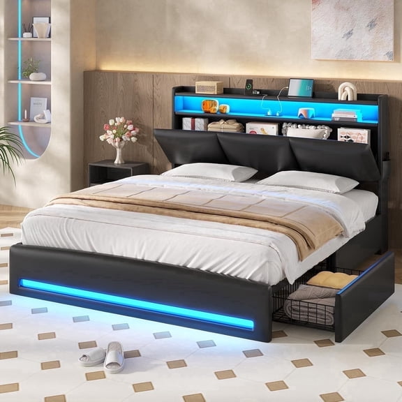 AOGLLATI Full Size Platform Bed Frame with 4 Storage Drawers, Upholstered PU Leather Headboard with Hidden Compartment, Integrated Led Lights & Charging Station, Black
