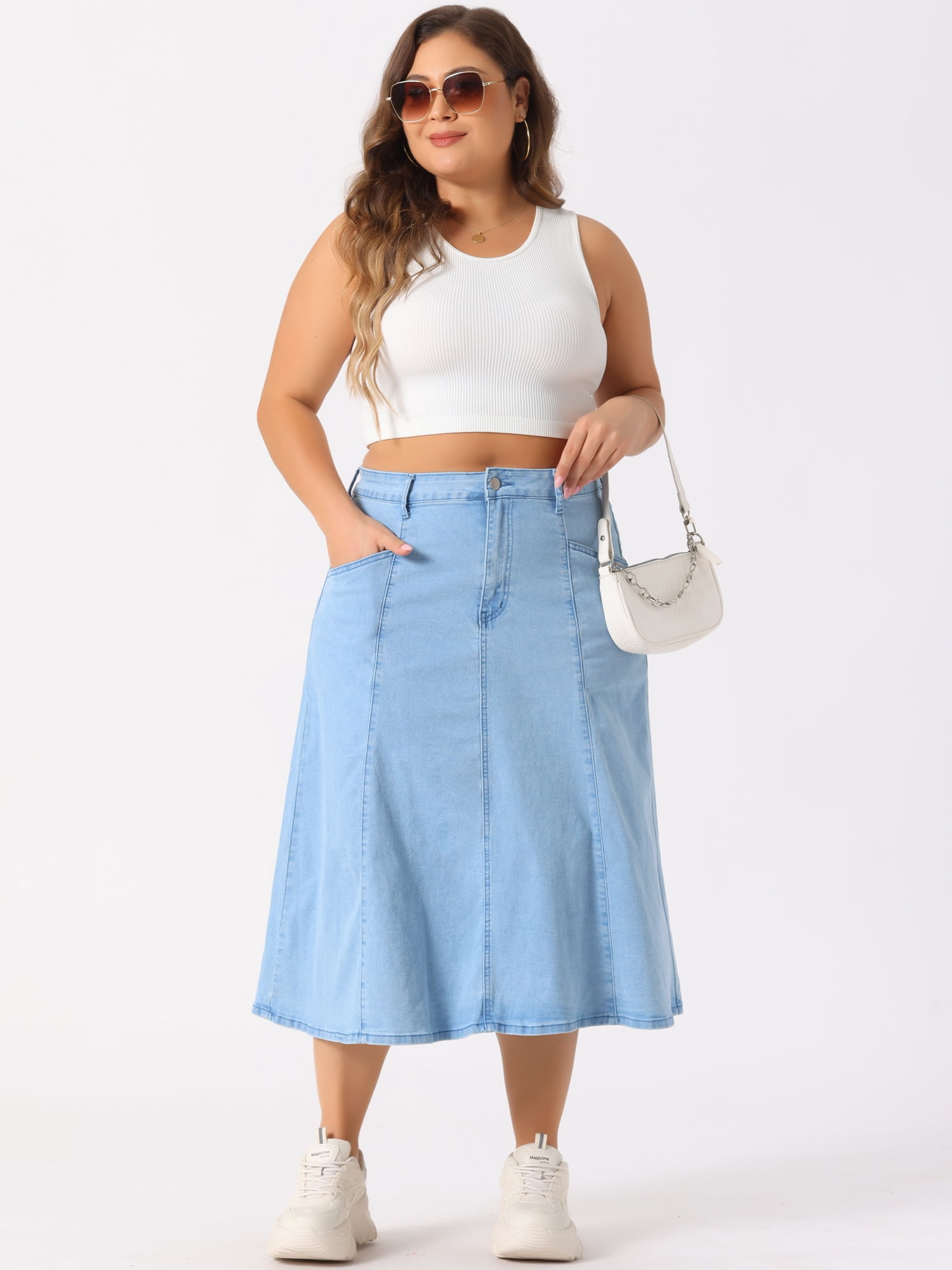 DARING DIVA Women's Plus Denim Skirts with Pockets A-Line Midi Jean Skirt 2X Light Blue