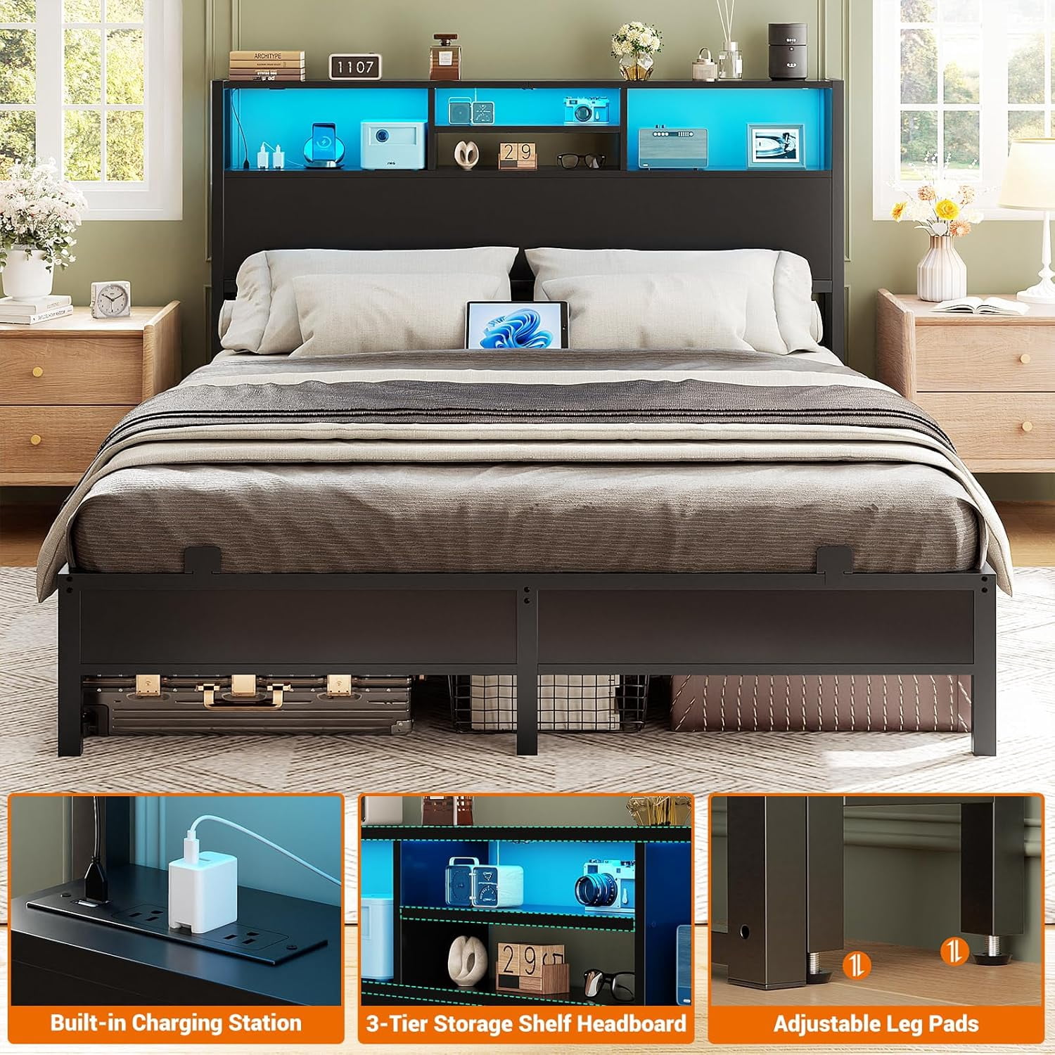 Homieasy Headboard for Full Size Bed with Storage, Headboards with Outlets, USB Ports and LED Light, King Size Head Board Only, Height Adjustable, Reversible, Sturdy and Stable Headboard, Black